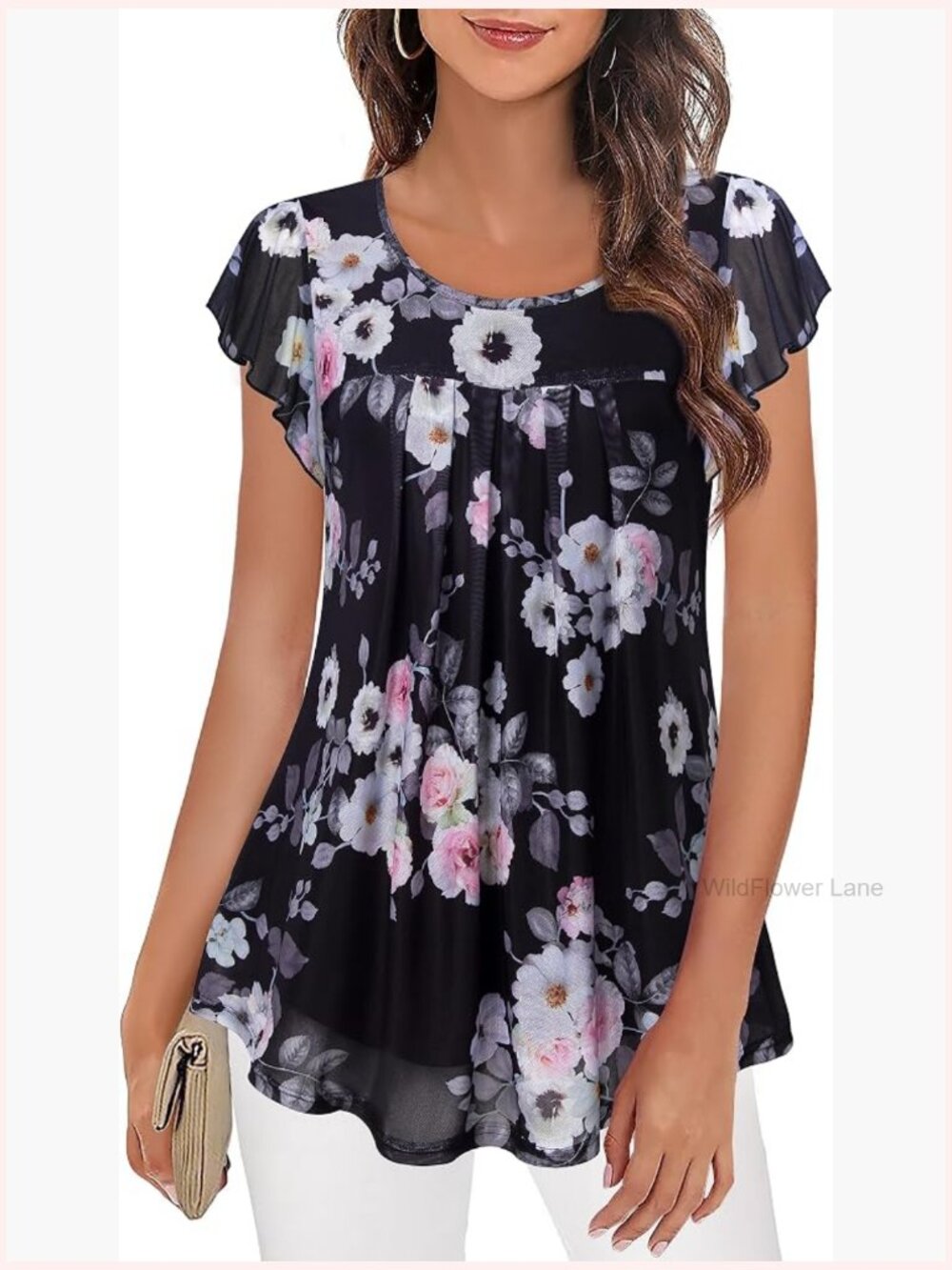 Short Sleeve Tunic Top Pleated Mesh Blouse Floral Dressy Casual